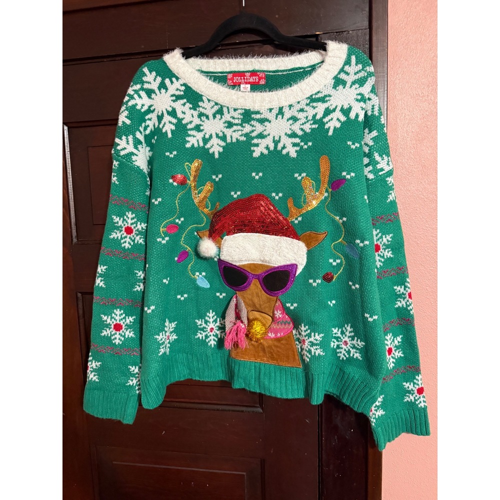 Jollidays Green Reindeer Ugly Christmas Sweater Womens Large Sequin Snowflake
